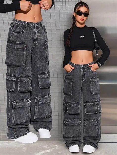 SHEIN بنطلون جينز أسود بجيوب للفتيات المراهقات ذو قصة ساق مستقيمة | شي إن