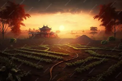 Premium Photo | Beautiful oriental sunset with view over field with ...