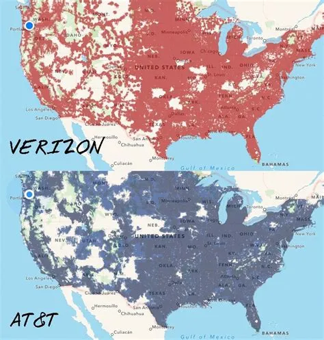 Verizon versus AT&T coverage across the US (from Coverage? App). The ...