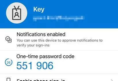 One time passcode in the authenticator app