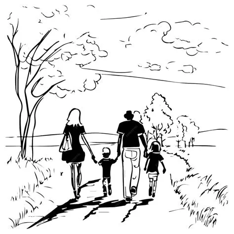 Premium Vector | Happy family walking together black and white vector ...