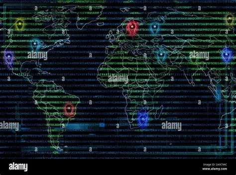 World map with geo pins and computer code overlay. Navigation and ...