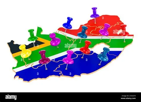 Map of South Africa with colored push pins, 3D rendering isolated on ...