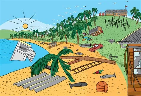 Drawing of debris on beach after tsunami. Cartoon trees, fridge ...