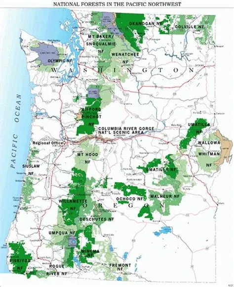 Map showing all national forests located in Oregon and Washington ...