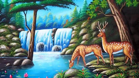 Animals Trees And Waterfalls