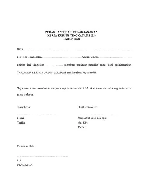 Surat Perakuan Tidak Melaksanakan Kerja Kursus | PDF