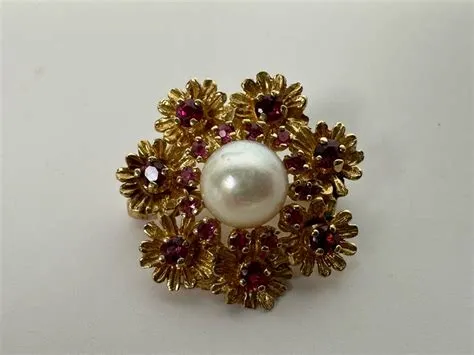 14K Gold Cultured Pearl & Ruby Brooch Pin 6.5g Retails $975