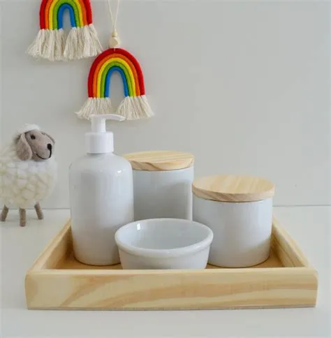 Kit Higiene Bebê Madeira Porcelana + Bandeja Pinus Montessori ...