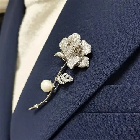 Pearl Rose Flower Brooch | White Gold Plated | Floral Brooch Pin in ...