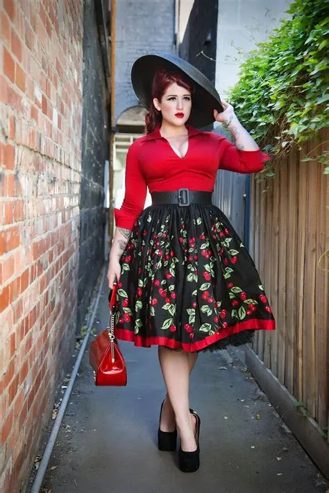 Pinup Couture- Jenny Gathered Full Skirt in Cherry Border Print - Plus ...