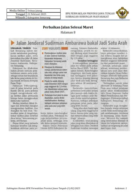 Perbaikan Jalan Selesai Maret | BPK Perwakilan Propinsi JAWA TENGAH