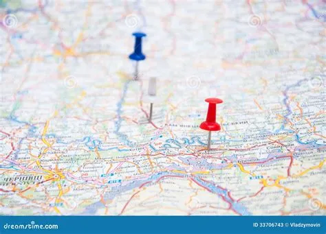 Three pins on a map stock image. Image of journey, trip - 33706743