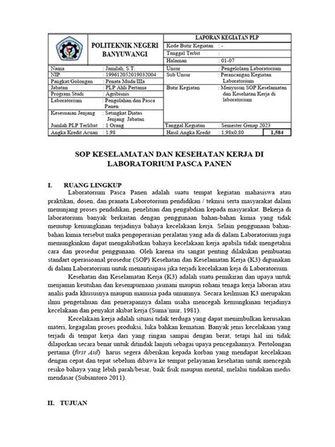 SOP K3 Laboratorium Pasca Panen | PDF