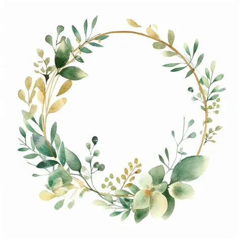 Enchanting Watercolor Greenery Gold Round Frame 2, Delicate Leaves ...