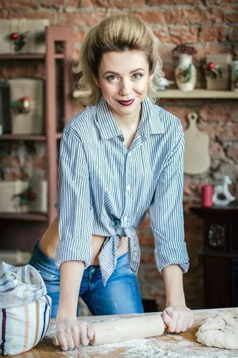 Close-up of Girl Belly, Dough, Flour Bag and Rolling Pin. Young Woman ...