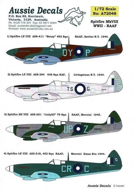 1/72 AUSSIE DECALS A72048; Supermarine SPITFIRE Mk.VIII WWII RAAF $18. ...