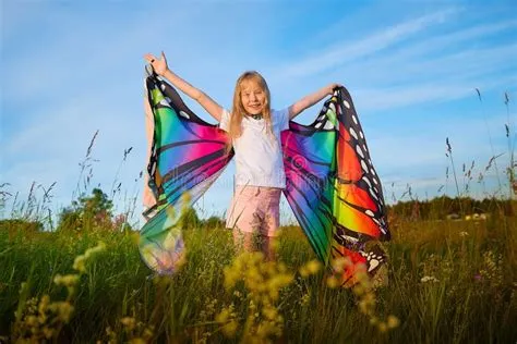 Jolie Fille Blonde Avec Ailes Papillon Brillant S'amuser Dans La ...