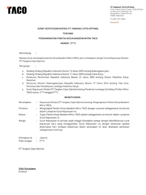 Draft SK Pengangkatan Panitia Kerja Oleh Pendiri LPK | PDF