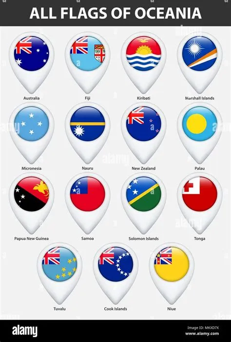 All flags of the countries of Oceania. Pin map pointer glossy style ...