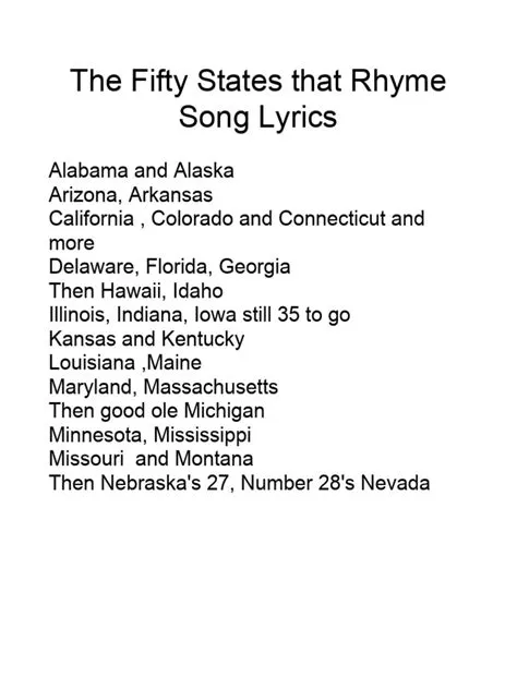 The Fifty States That Rhyme Song Lyrics | PDF