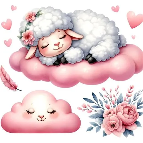 Cute sheep sleeping on the pink cloud Vector cartoon illustration ...
