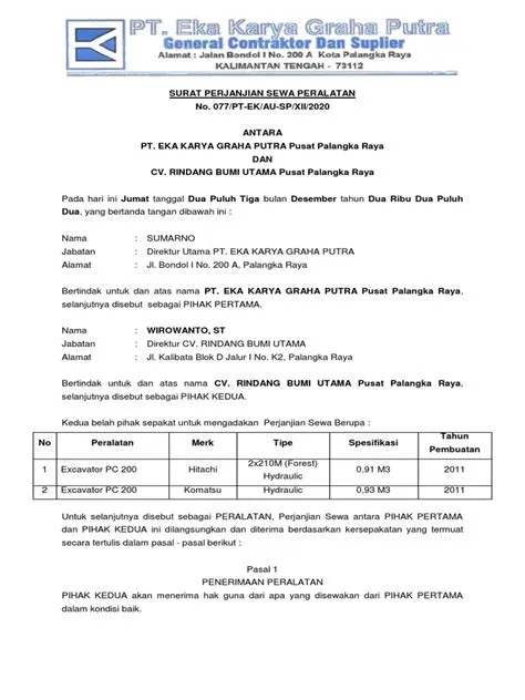 Perjanjian Sewa Excavator Palangka Raya | PDF