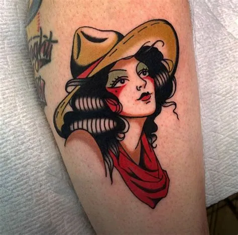 Traditional Tattoo Design: Pin Up Girl with Cowboy Hat and Scarf