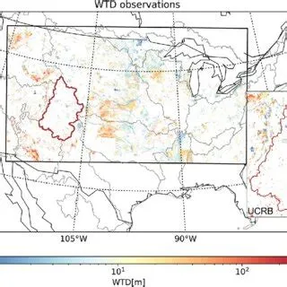Map of long-term mean water table depth (WTD) observations over most of ...
