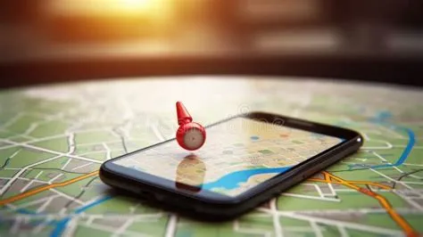 Smartphone on Table Top with Map and Location Pin, Blur Background of ...