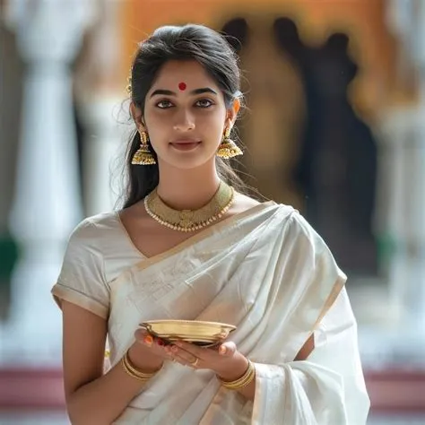 Young beautiful south indian woman in white color traditional saree ...