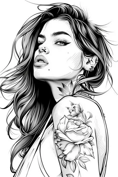 Beautiful Woman with Tattoo Coloring Page in 2025 | Adult coloring ...