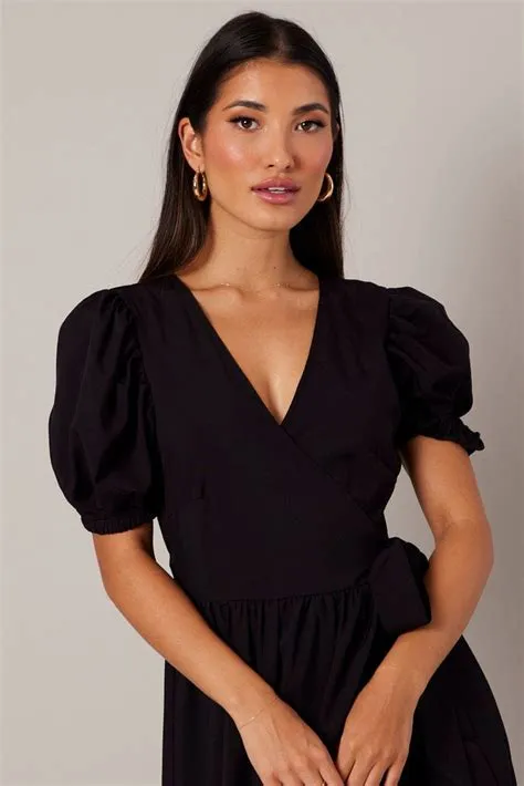 Black Puff Sleeve Maxi Dress Wrap Tiered Dress | Ally Fashion