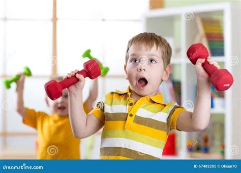 Funny Kids Boys Exercising with Dumbbells at Home. Healthy Life ...