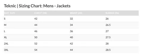 Teknic Men's Jacket Sizing Chart | Peakboys