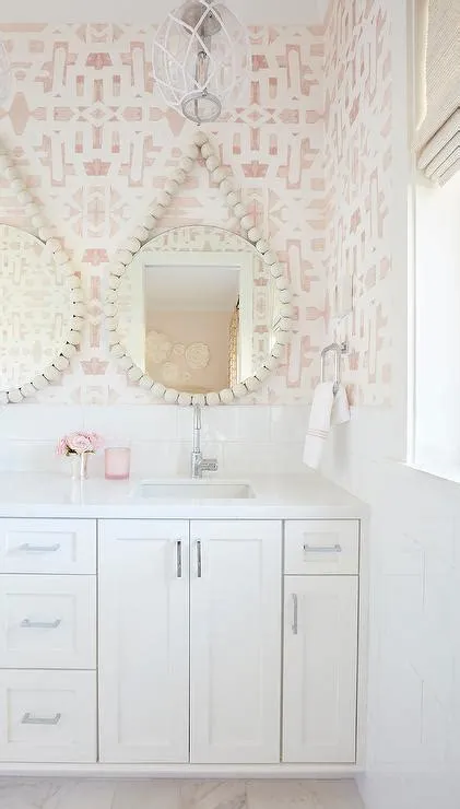 Girls Bathroom with Pink Trellis Wallpaper - Transitional - Bathroom