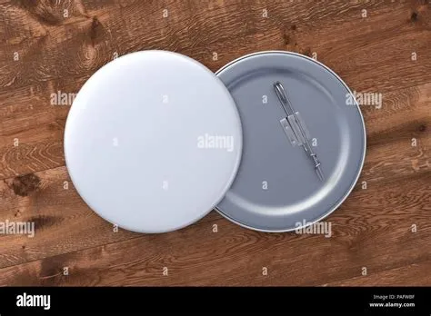 Blank badge pin brooch isolated on wooden background. 3d illustration ...