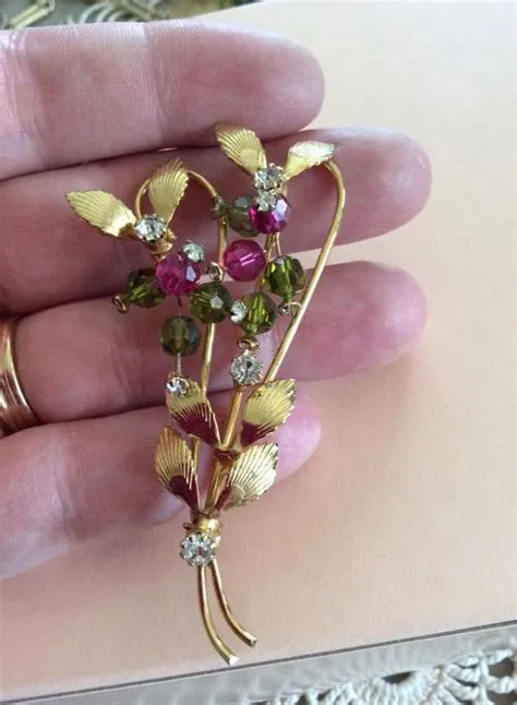 Vintage 1950s 1960s Brooch Pin Gold Tone Color Metal Purple Green ...
