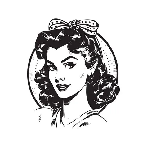 pretty pin up girl, vintage logo line art concept black and white color ...
