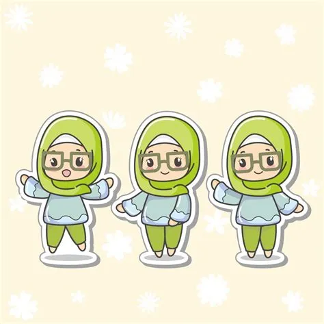 Three pose Cute and kawaii Green Hijab Girl Ukhti Chibi Illustration ...