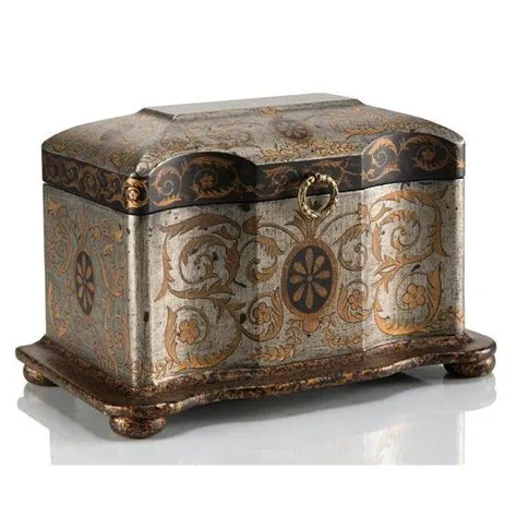 Wood Decorative Box painted in silver and gold with intricate scroll ...