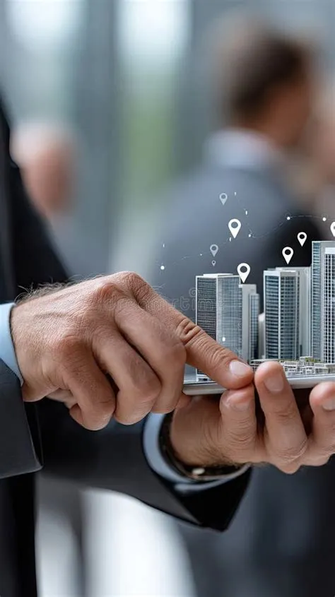 Businessman Holds a Digital Cityscape with Location Pins, Showcasing ...