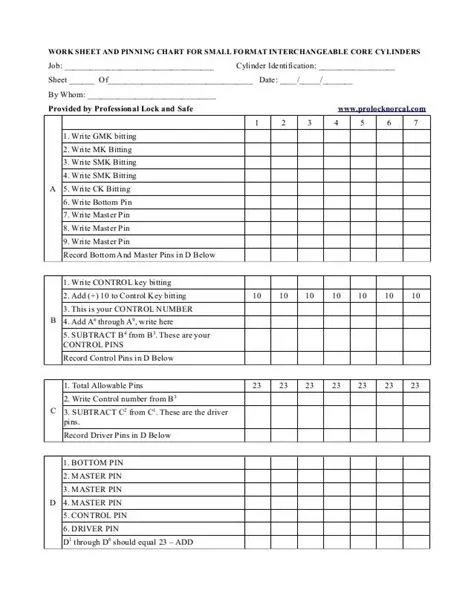 Small Format Interchangeable Core Cylinders Worksheet and Pinning Cha…