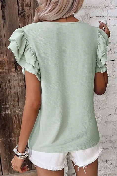 US$ 4.6 Drop-shipping Clearly Aqua Solid Color Ruffled Short Sleeve ...