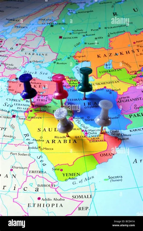 map pins in Middle East map Stock Photo - Alamy