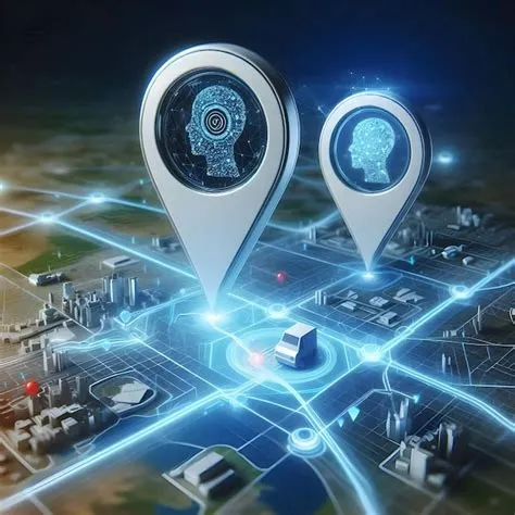 A digital map displaying a location with two pins set representing AI ...