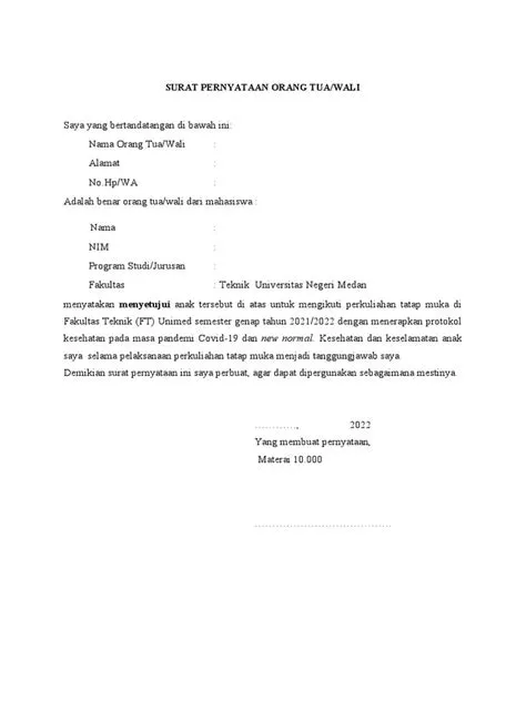 Surat Izin Orang Tua Untuk Tatap Muka - FT Unimed | PDF