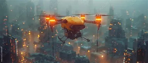 In this illustration of a drone in a cityscape with pins, we see a ...