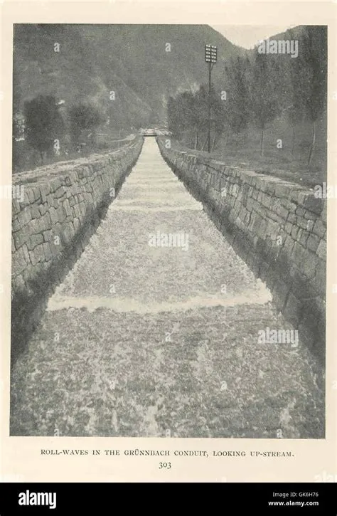 Roll-waves in the Grunnbach Conduit, viewed looking upstream, showing ...