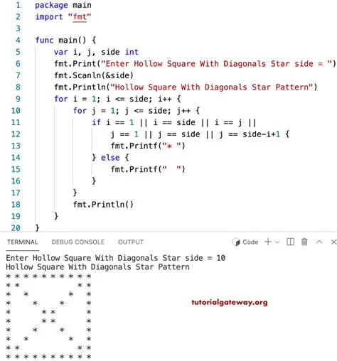 Go Program to Print Hollow Square with Diagonals Star Pattern